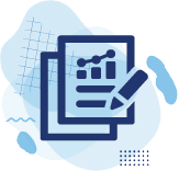 An icon of a report with a graph on it with blue graphical shapes and elements behind it