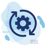 an icon of a gear with arrows forming a circle around it and blue abstract shapes in the background